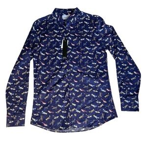 Nicole Miller Blue Airplane Print Casual Button Down Shirt